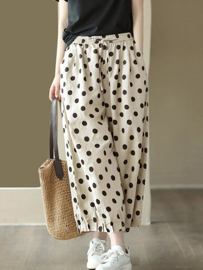 Plus Size Women Vintage Dot Shirred Drawstring Linen Wide-leg Pants