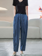Women Summer Caual Solid Pocket Drawstring Denim Pants