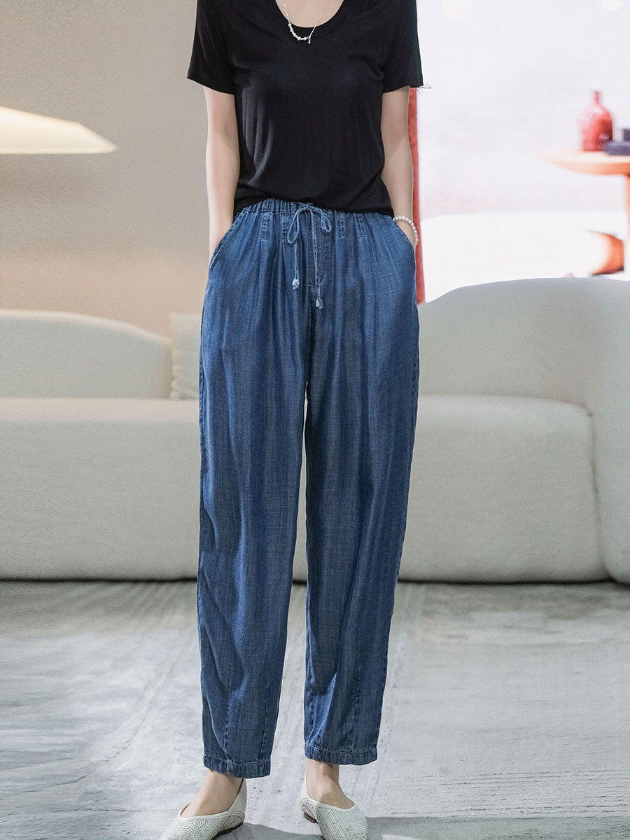 Women Summer Caual Solid Pocket Drawstring Denim Pants
