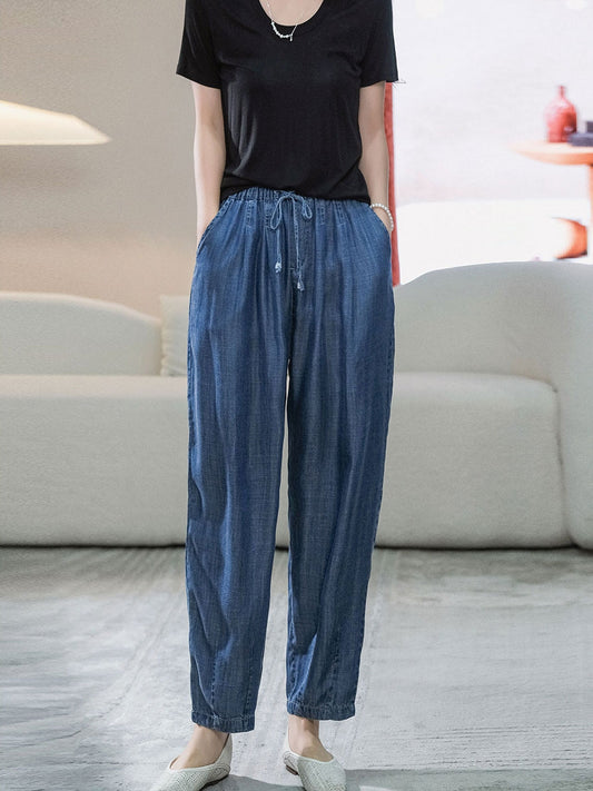 Women Summer Caual Solid Pocket Drawstring Denim Pants