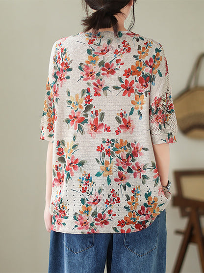 Women Summer Vintage Floral Loose Knitted Shirt