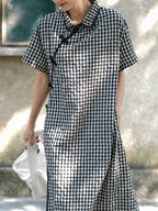 Women Summer Vintage Plaid Frog Loose Dress