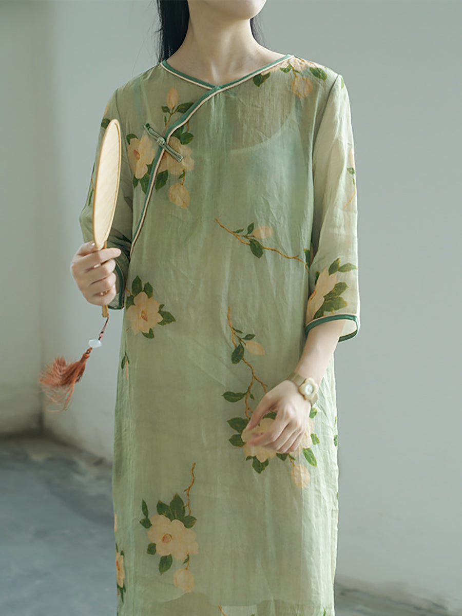 Women Vintage Artsy Flower Print Button Linen Robe Dress