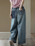Women Casual Soft Solid Pocket Denim Straight-leg Pants
