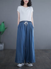 Load image into Gallery viewer, Women Summer Thin Solid Drawstring Wide-leg Denim Pants