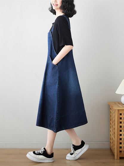 Women Summer Solid Worn Demin Suspender Dress