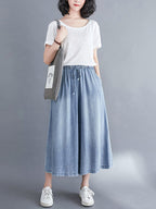 Women Casual Solid Washed Drawstring Wide-leg Denim Pants