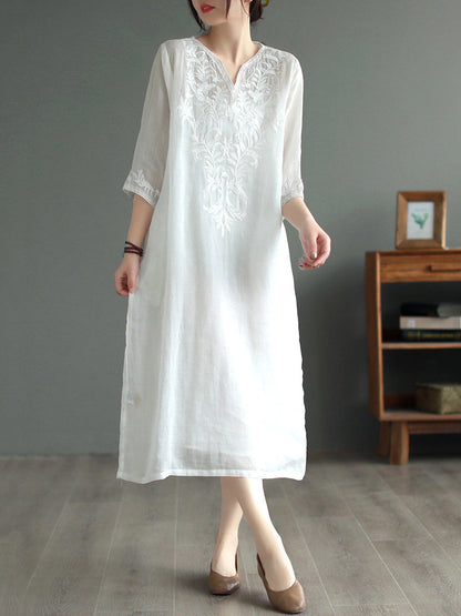 Women Summer Ethnic Embroidery Loose Ramie Dress(2 Pieces)
