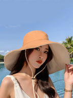 Women Fashion Solid Large-brim Drawstring Sunproof Hat