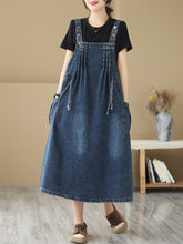 Load image into Gallery viewer, Women Summer Retro Pleat Drawstring Pocket Denim Dress