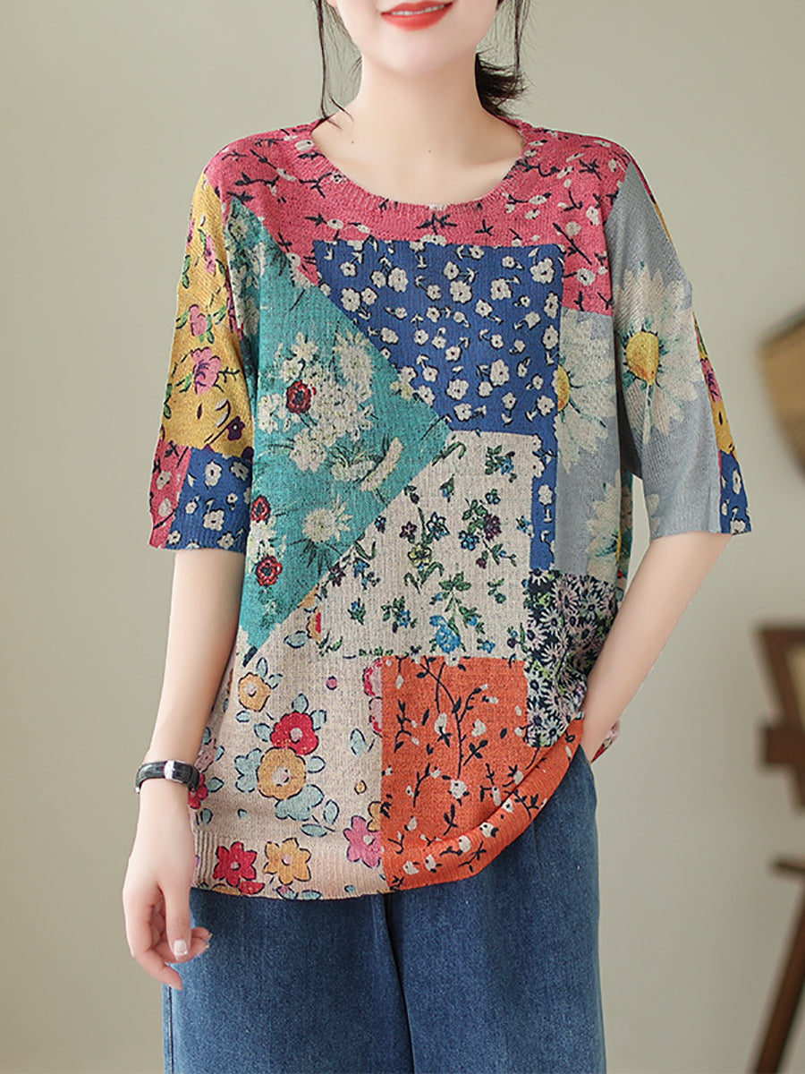 Women Summer Vintage Floral Patch Spliced Pullover Shirt
