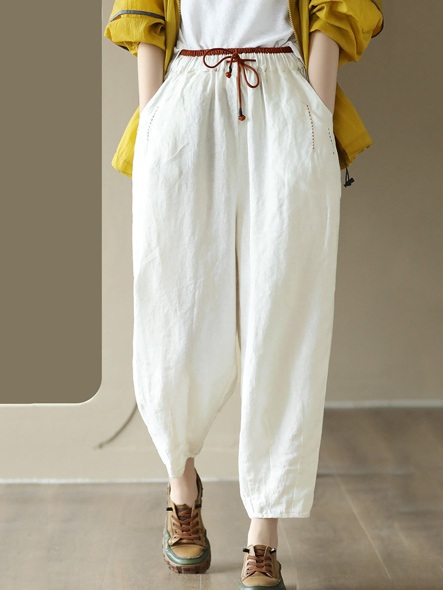Women Casual Solid Drawstring Colorblock Waist Linen Pants