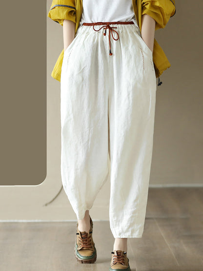 Women Casual Solid Drawstring Colorblock Waist Linen Pants