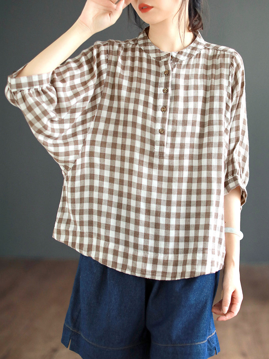 Women Retro Plaid Button Batwing Sleeve Cotton Shirt