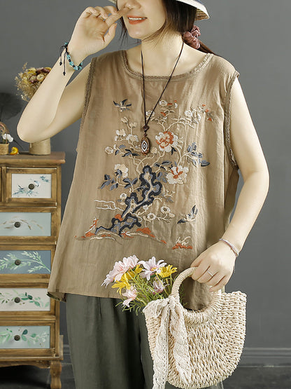 Women Summer Vintage Flower Embroidery Loose Ramie Vest