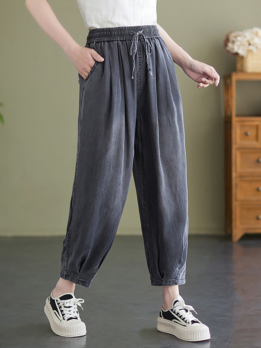 Women Summer Worn Solid Pleat Loose Pocket Denim Pants