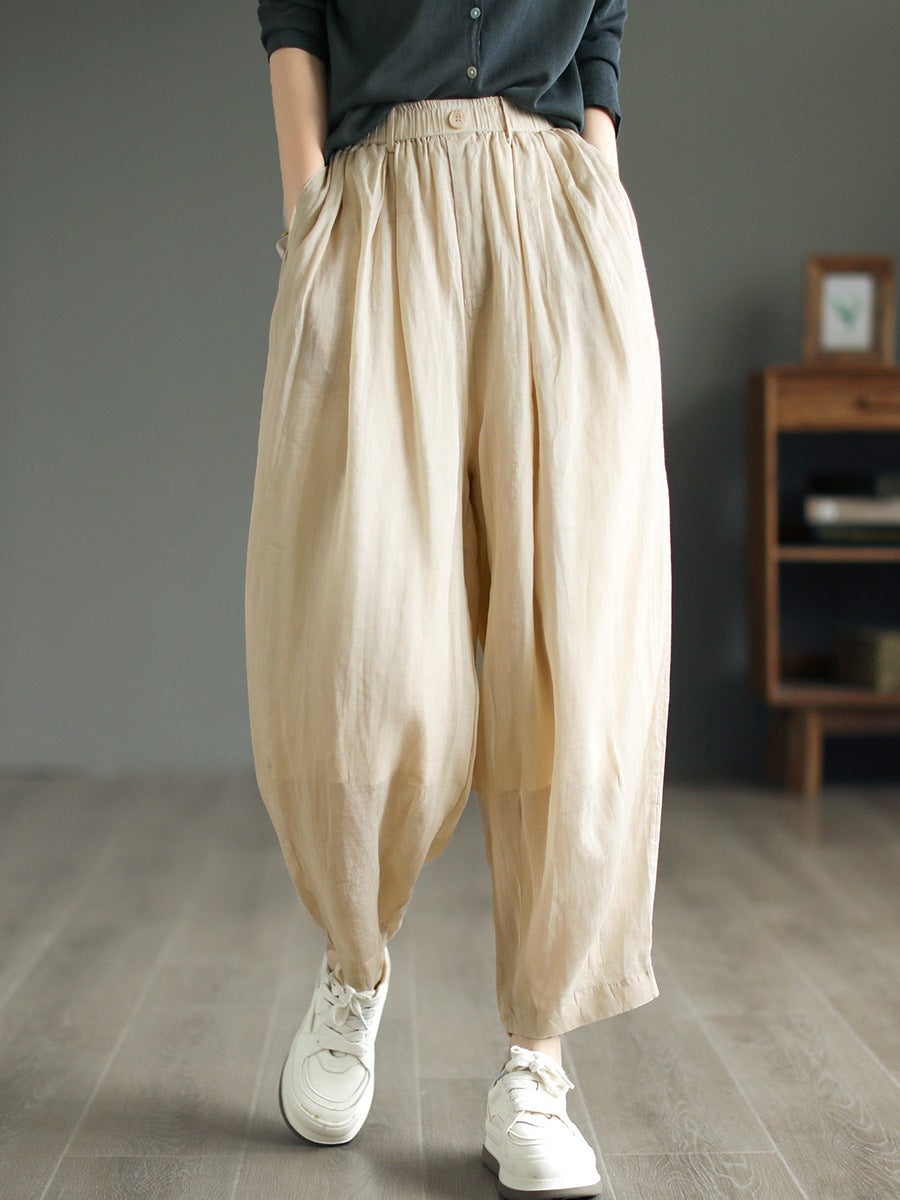 Women Vintage Solid Button Pleat Summer Ramie Pants