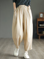 Women Vintage Solid Button Pleat Summer Ramie Pants