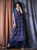 Women Summer Batik Spliced Button V-Neck Dress