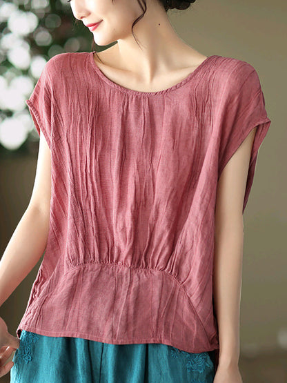 Women Casual Summer Stitching Crease Ramie Shirt