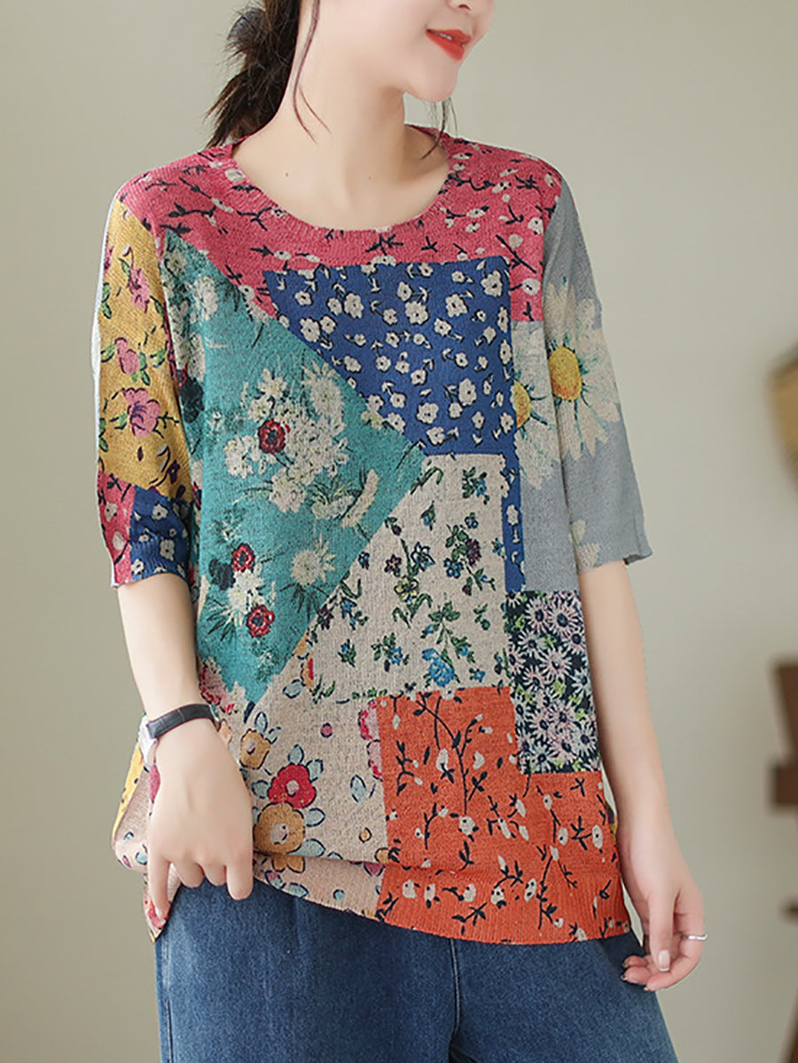 Women Summer Vintage Floral Patch Spliced Pullover Shirt