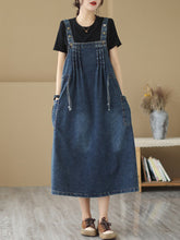 Load image into Gallery viewer, Women Summer Retro Pleat Drawstring Pocket Denim Dress