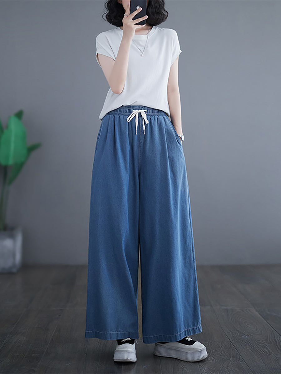 Women Summer Thin Solid Drawstring Wide-leg Denim Pants