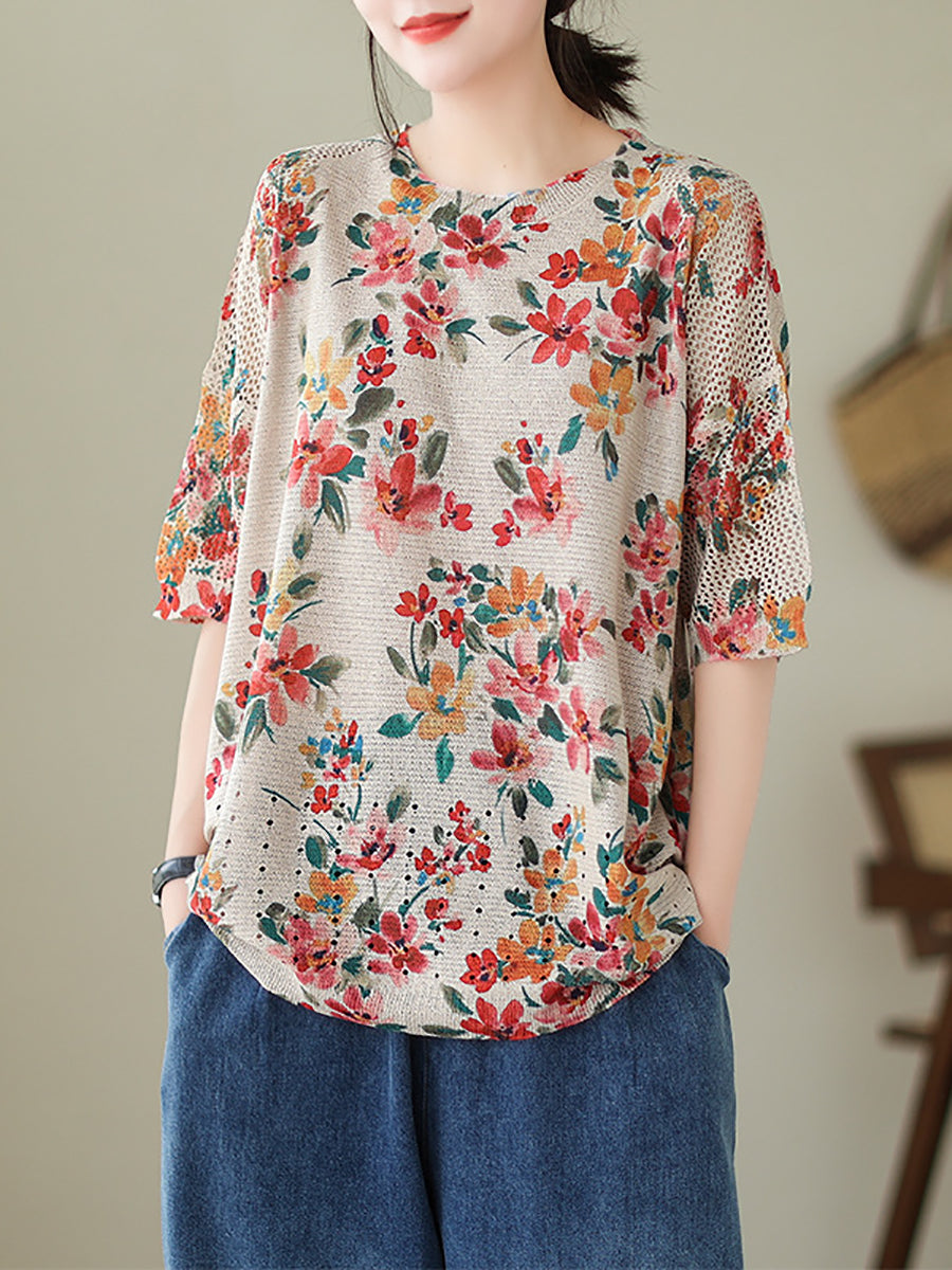 Women Summer Vintage Floral Loose Knitted Shirt