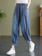 Women Summer Worn Solid Pleat Loose Pocket Denim Pants