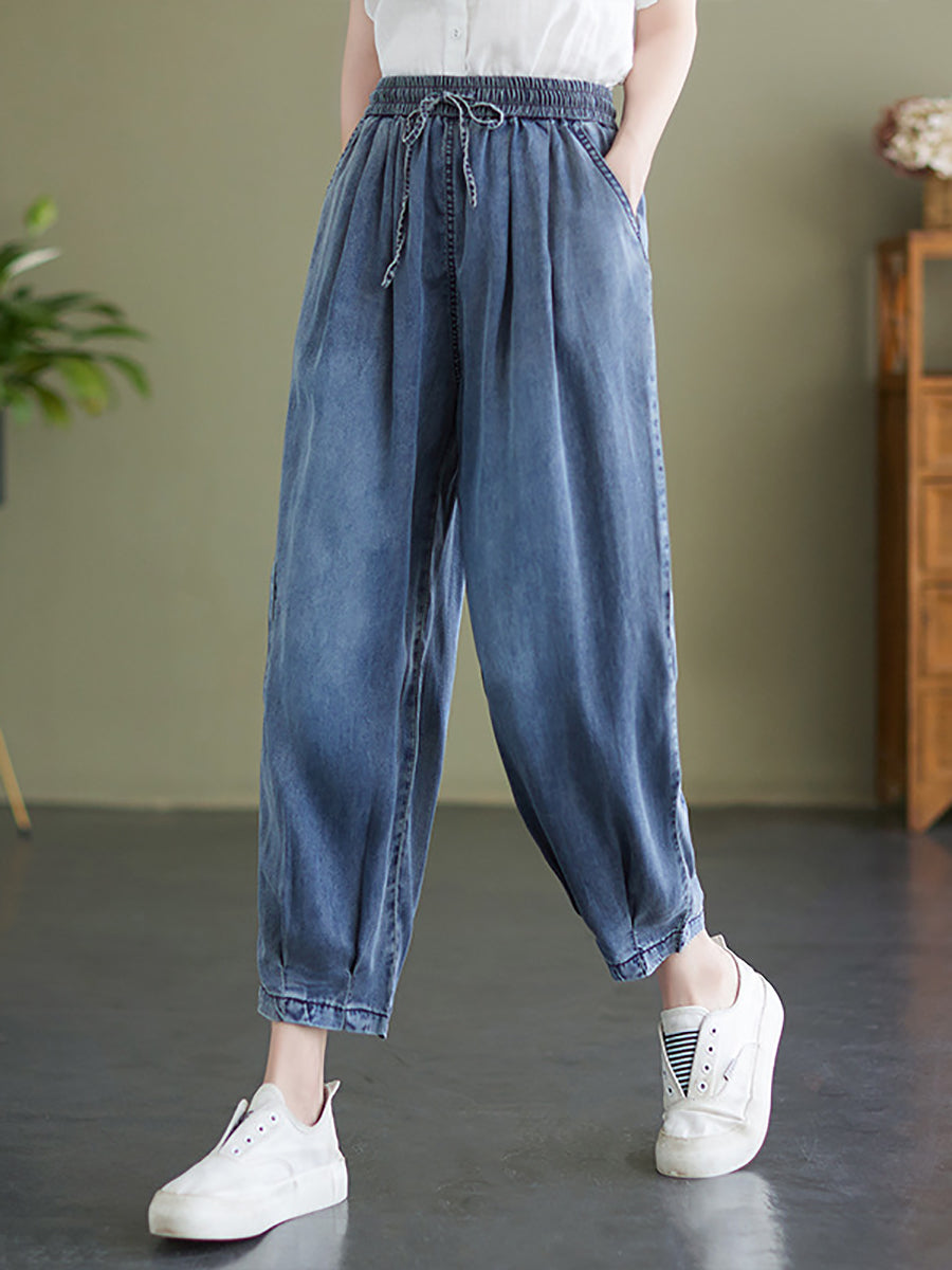 Women Summer Worn Solid Pleat Loose Pocket Denim Pants