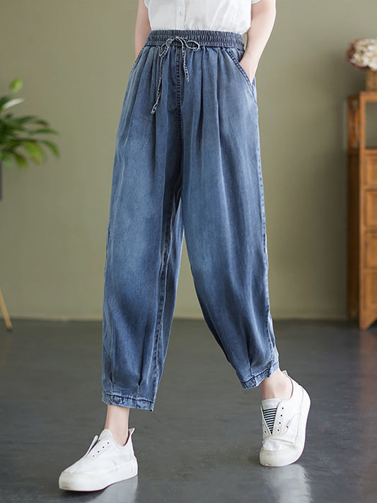 Women Summer Worn Solid Pleat Loose Pocket Denim Pants