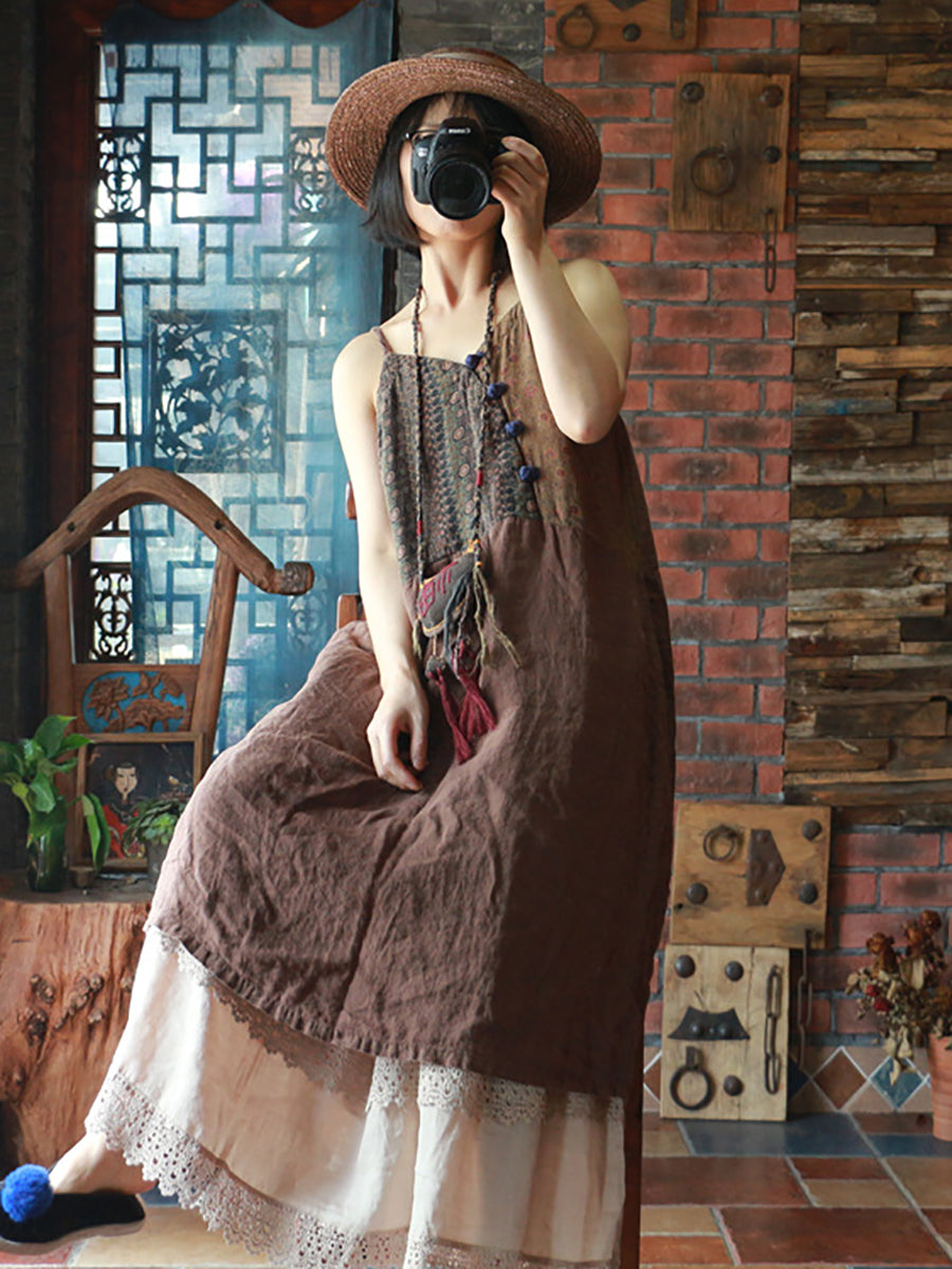 Women Retro Ethnic Spliced Frog V-Neck Slip Dress