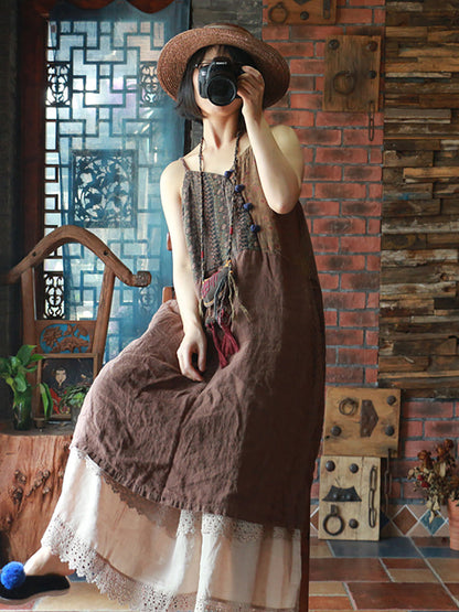 Women Retro Ethnic Spliced Frog V-Neck Slip Dress