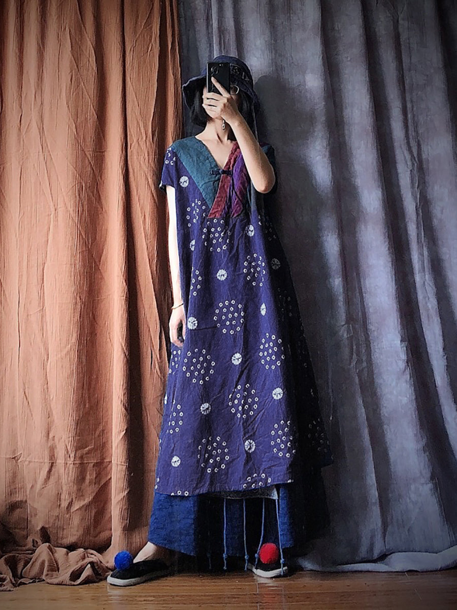 Women Summer Batik Spliced Button V-Neck Dress