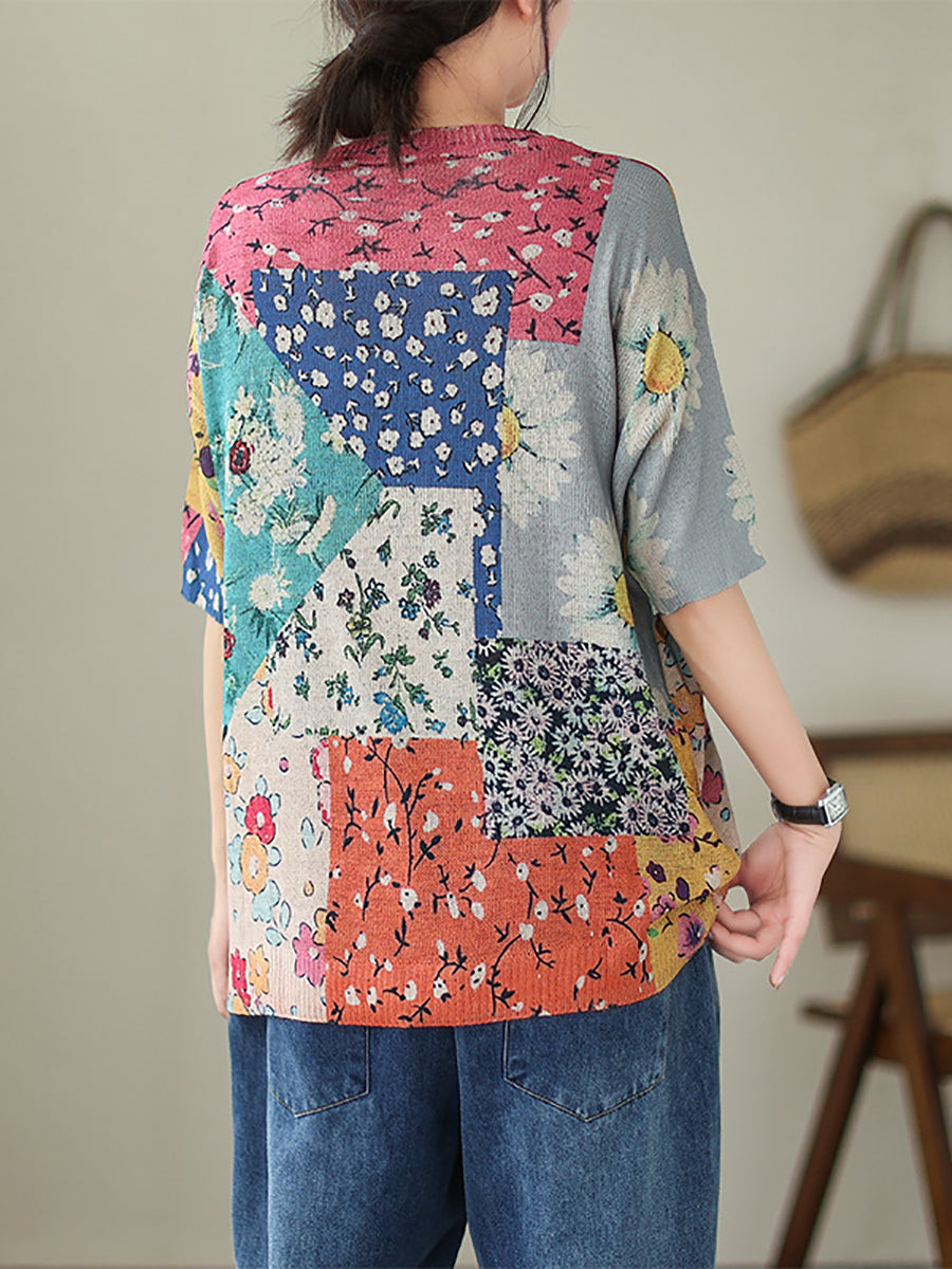 Women Summer Vintage Floral Patch Spliced Pullover Shirt