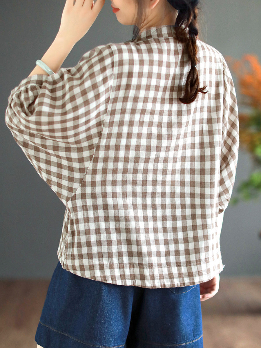 Women Retro Plaid Button Batwing Sleeve Cotton Shirt
