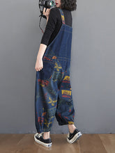 Load image into Gallery viewer, Women Casual Retro Print Pocket Loose Spliced Denim Jumpsuits