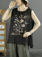 Women Summer Vintage Flower Embroidery Loose Ramie Vest