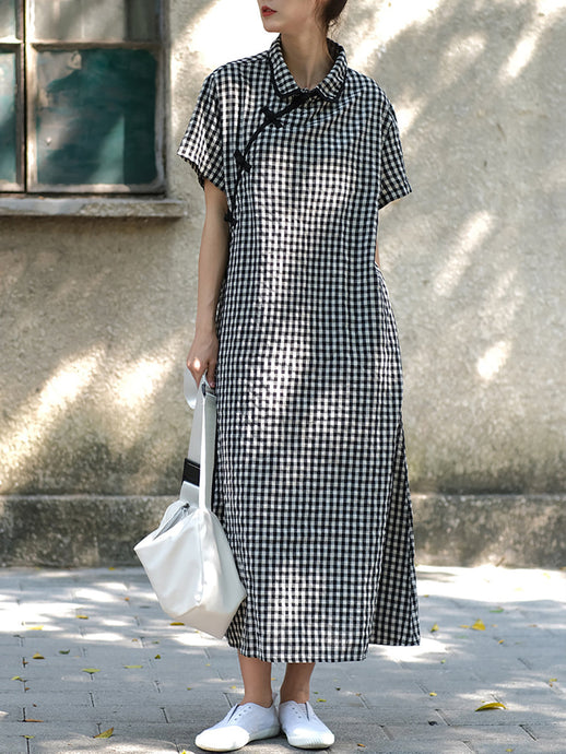 Women Summer Vintage Plaid Frog Loose Dress