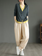 Women Vintage Solid Button Pleat Summer Ramie Pants