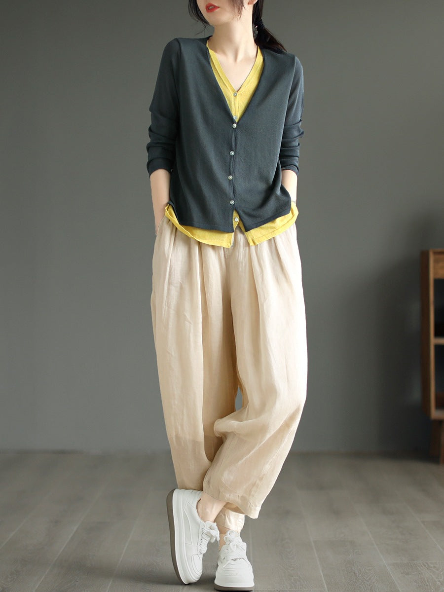 Women Vintage Solid Button Pleat Summer Ramie Pants