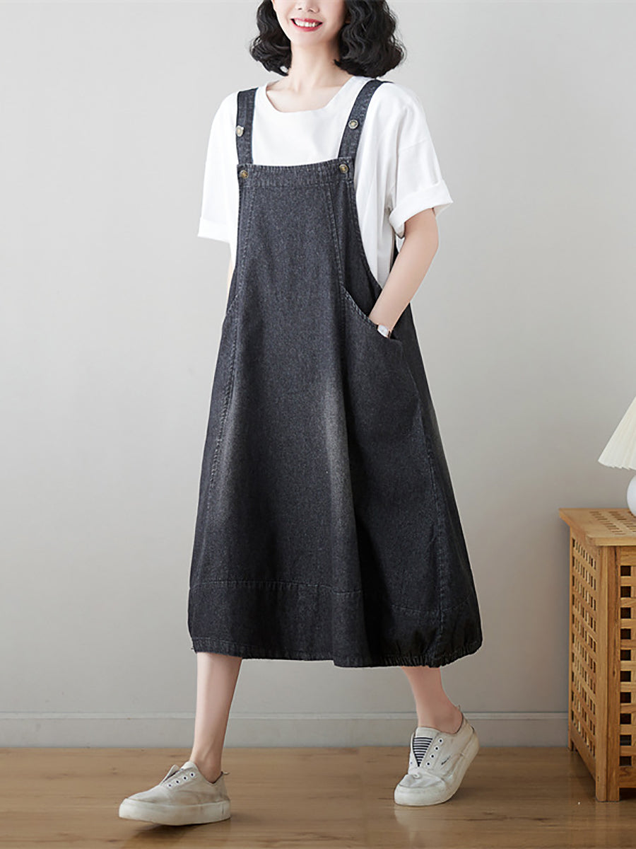 Women Summer Solid Worn Demin Suspender Dress