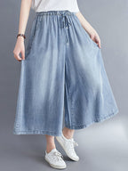 Women Casual Solid Washed Drawstring Wide-leg Denim Pants