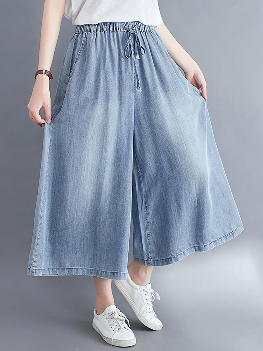Women Casual Solid Washed Drawstring Wide-leg Denim Pants