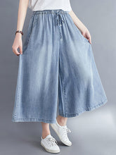 Load image into Gallery viewer, Women Casual Solid Washed Drawstring Wide-leg Denim Pants