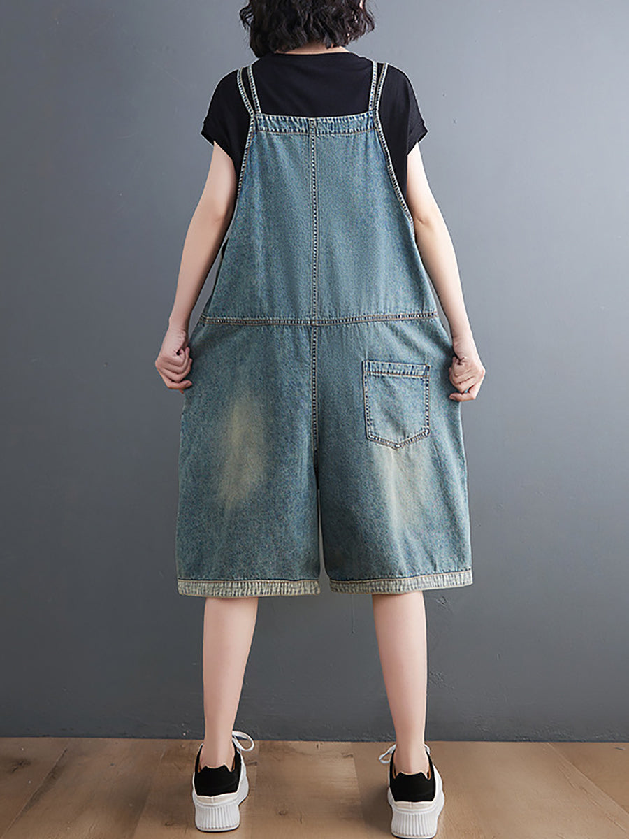 Women Casual Solid Washed Pocket V-Neck Denim Jumpsuits