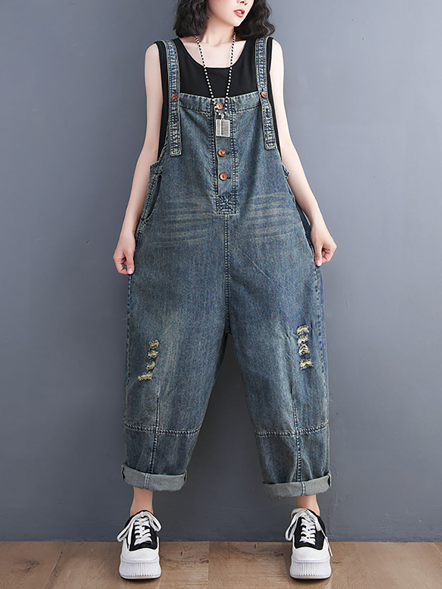 Women Summer Retro Frayed Solid Loose Denim Jumpsuits