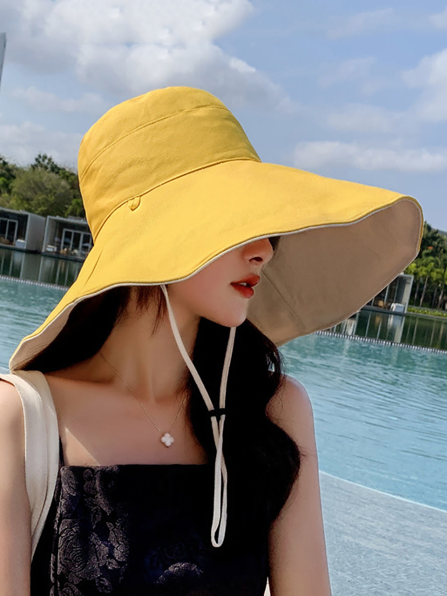 Women Fashion Solid Large-brim Drawstring Sunproof Hat