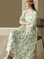 Women Summer Floral Drawstring Pleat Loose Cardigan Dress