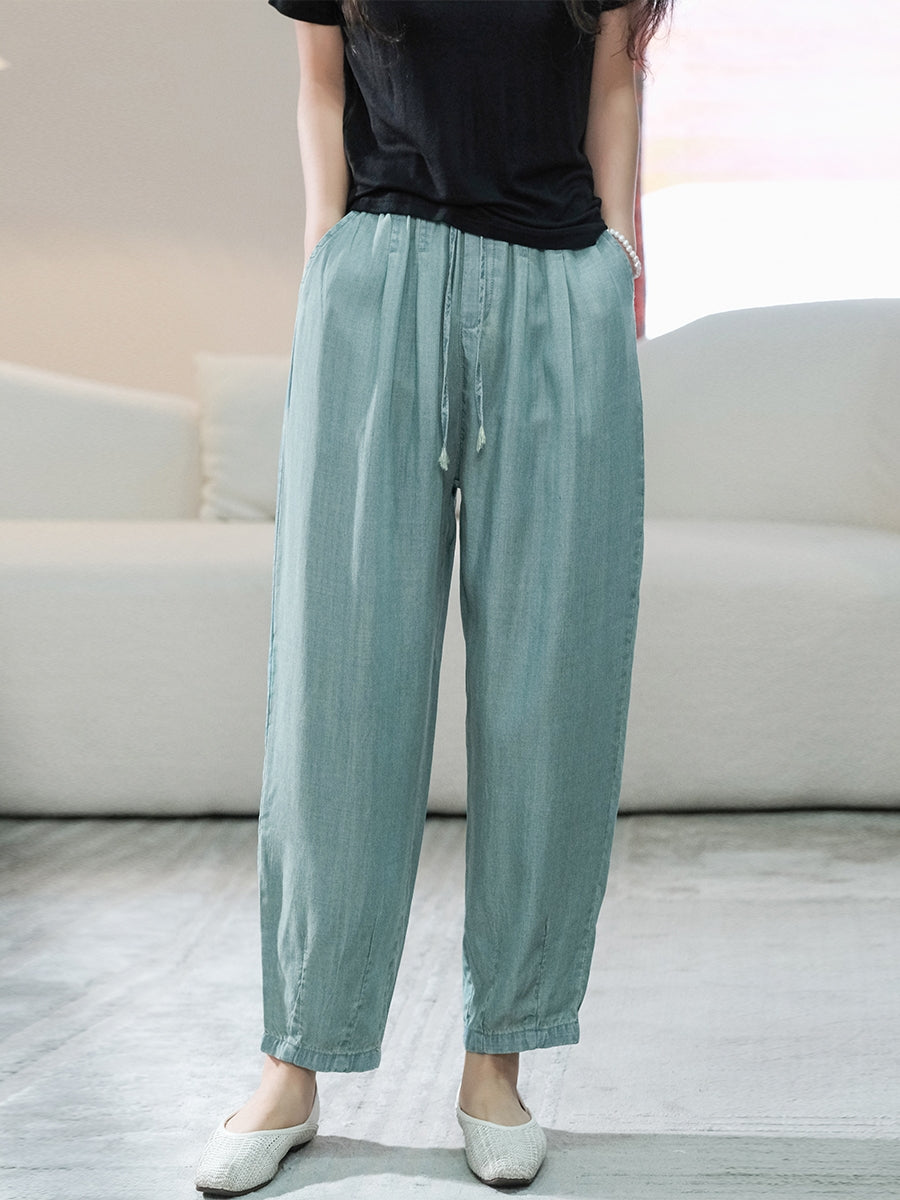 Women Summer Caual Solid Pocket Drawstring Denim Pants